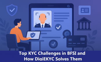 Illustration of digital KYC process showing person verifying identity on a laptop with icons representing financial services, ID verification, and security.
