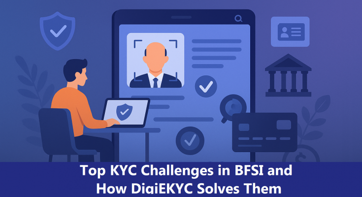 Illustration of digital KYC process showing person verifying identity on a laptop with icons representing financial services, ID verification, and security.