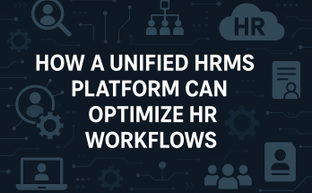 A modern, unified HRMS dashboard interface with streamlined workflow icons, set against a dark, professional background.
