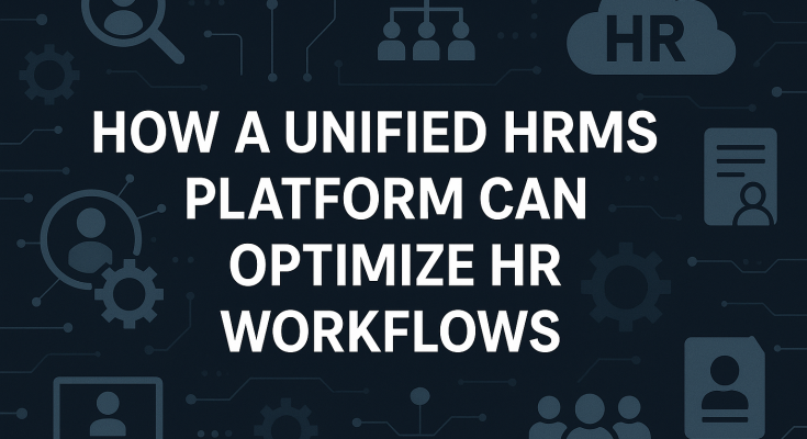 A modern, unified HRMS dashboard interface with streamlined workflow icons, set against a dark, professional background.