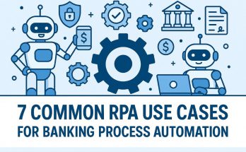 Illustration of robotic process automation (RPA) streamlining banking operations with digital robots and financial icons.