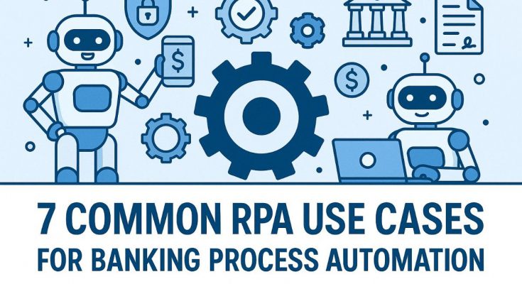 Illustration of robotic process automation (RPA) streamlining banking operations with digital robots and financial icons.