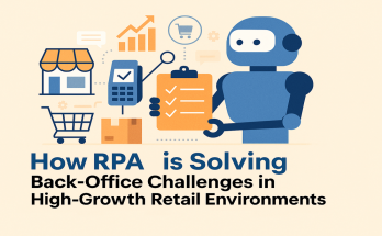 Illustration of a robot automating retail back-office processes, with icons of a store, shopping cart, payment terminal, and checklist representing RPA in a retail environment.
