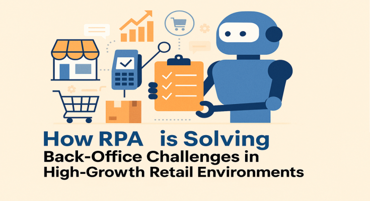 Illustration of a robot automating retail back-office processes, with icons of a store, shopping cart, payment terminal, and checklist representing RPA in a retail environment.